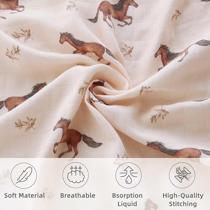 LifeTree Baby Swaddle Blankets, Muslin Swaddle Blankets Boys Girls Swaddling Wrap Receiving Blanket for Newborn, 70% Viscose Bamboo and 30% Cotton, Large 47" x 47", Horse Pattern