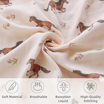 LifeTree Baby Swaddle Blankets, Muslin Swaddle Blankets Boys Girls Swaddling Wrap Receiving Blanket for Newborn, 70% Viscose Bamboo and 30% Cotton, Large 47" x 47", Horse Pattern