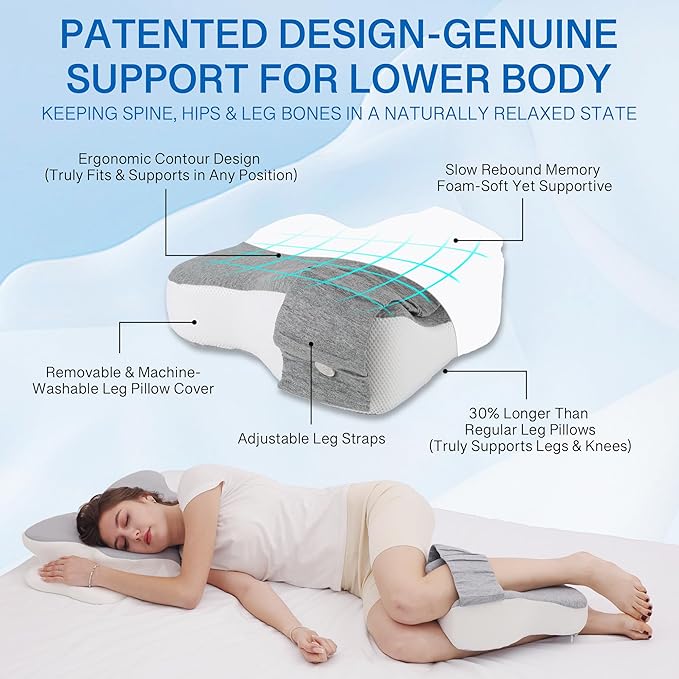 2-in-1 Side Sleeper Pillow for Adults Set–Ergonomic Contour Cervical Neck Pillow Memory Foam +Leg/Knee Pillow for Side Sleepers,Sciatica&Neck Pain Relief,Cooling Ice-Silk Removable Covers