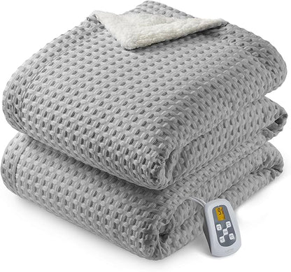 CAROMIO Heated Blanket Full Size, Waffle Weave Electric Blanket Throw with LCD Controller, Fast Heating, 10 Heat Levels & 1-12H Time Settings, ETL Certified, Machine Washable, Grey, 72" x 84"