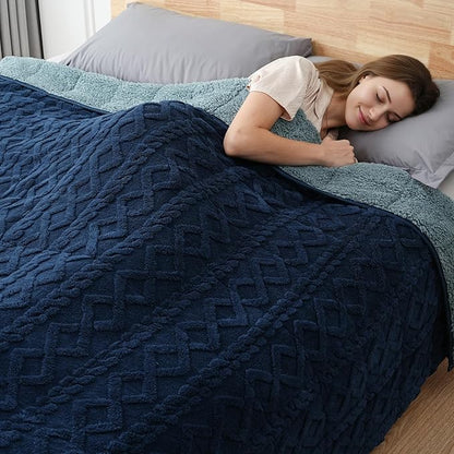 Sherpa Fleece Adult Weighted Blanket Great for Sleep, 15 lbs Dual Sided Soft Fuzzy Heavy Blankets for Couch Bed Sofa, Cozy Warm Fluffy Jacquard Throw for Winter (Navy Blue, 60" x 80", 15 Pounds)