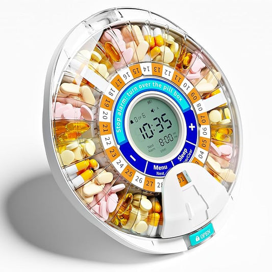 Betife 2nd Gen Automatic Pill Dispenser for Elderly with Alarm – 28 Slots, Key Locked, Alarm & Light Reminder, Mix-Proof, XL Display, 6 Dosage Rings，Easy Setup for Daily Medication （Organizer）