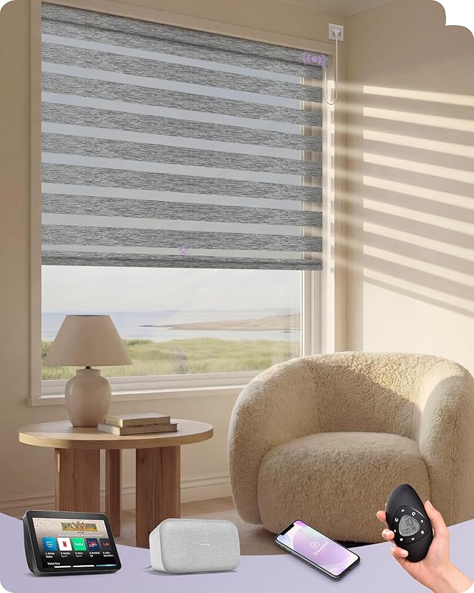 Graywind Motorized Blinds with Remote, Smart Zebra Shades for Windows, Hardwired Roller Blinds Compatible with Apple Homekit, Alexa, Google Home, Custom Size, Bay Fog