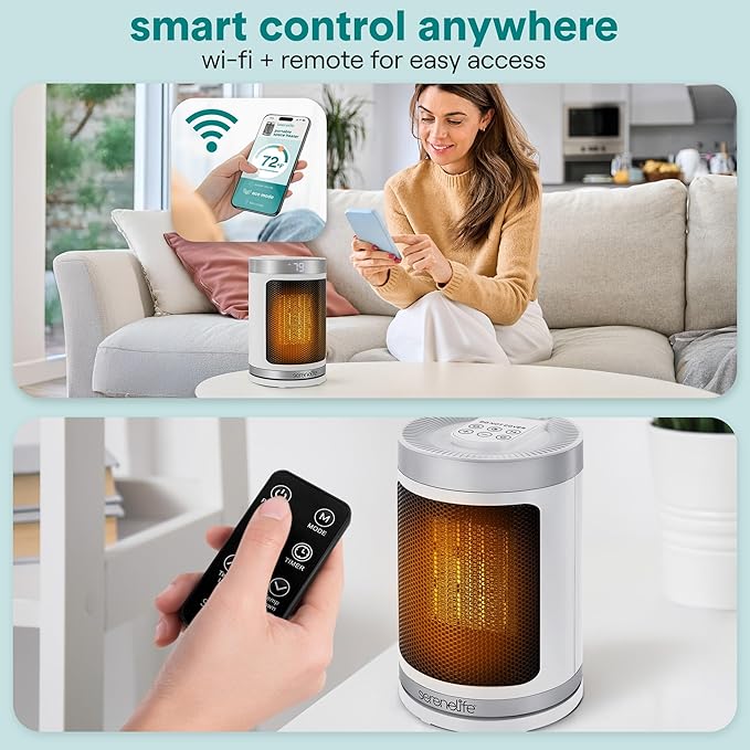 SereneLife Smart Space Heater – 1500W Indoor Electric Heater with Thermostat, Remote Control, 12-Hour Timer, Wi-Fi Enabled PTC Ceramic Heating for Home and Office, White (5.9" x 5.9" x 9.5")