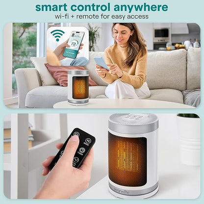 SereneLife Smart Space Heater – 1500W Indoor Electric Heater with Thermostat, Remote Control, 12-Hour Timer, Wi-Fi Enabled PTC Ceramic Heating for Home and Office, White (5.9" x 5.9" x 9.5")