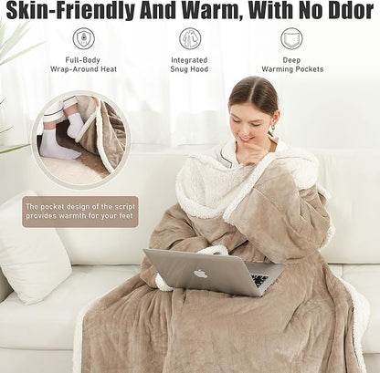 Electric Snuggle Throw Blankets with Foot Pocket, Wearable Heated Throw with Sleeves & Hood, 6 Heat Levels & 1-4H Timer, Full Body Warmth, The Perfect Warming Gift for Women & Men, Camel