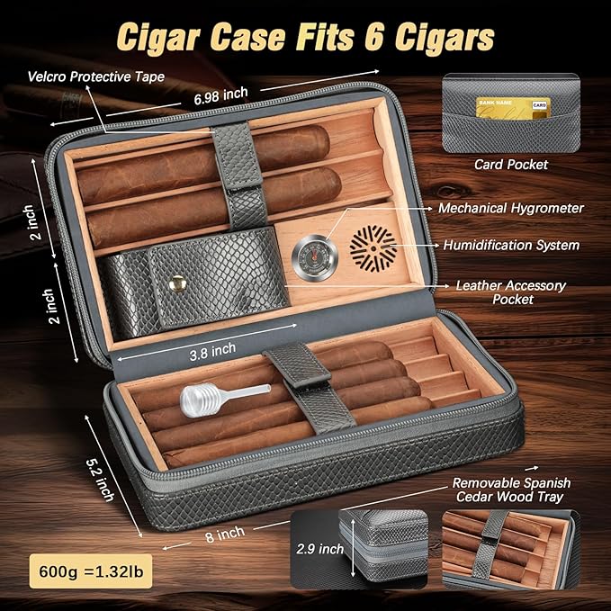 TISFA Cigar Humidor Case Leather Cedar Wood Lined Cigar Box with Cigar Lighter, V Cutter, Holder Stand 3 in 1, Hygrometer Humidifier 2 in 1, Travel Humidor Cigar Case Hold 6 Cigars (Textured Gray)