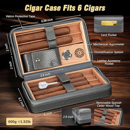 TISFA Cigar Humidor Case Leather Cedar Wood Lined Cigar Box with Cigar Lighter, V Cutter, Holder Stand 3 in 1, Hygrometer Humidifier 2 in 1, Travel Humidor Cigar Case Hold 6 Cigars (Textured Gray)