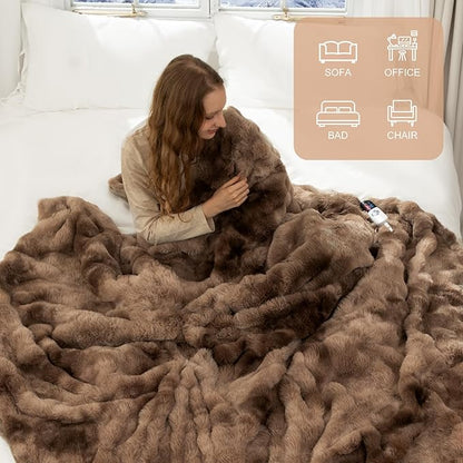 Faux Fur Heated Blanket Throw for Couch - 50"X60" Bubble Faux Fur Electric Blanket Fluffy Fuzzy Soft Thick with 6 Fast Heating Levels & 4 hrs Timer Settings, Washable & ETL Certified, Tie-Dye Brown