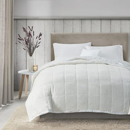 Madison Park Twin Cozy Blanket HeiQ Smart Temperature Plush to Microfiber Reverse Box Quilting, Reversible, Soft All Season, Lightweight Summer Cover, for Bed, Couch and Sofa, Twin/Twin XL, Ivory