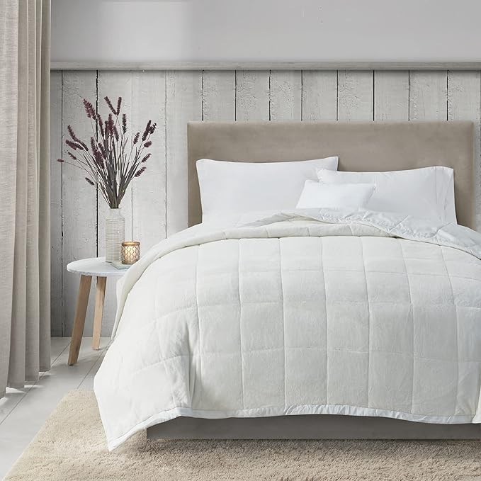 Madison Park Queen Cozy Blanket HeiQ Smart Temperature Plush to Microfiber Reverse Box Quilting, Reversible, Soft All Season, Lightweight Summer Cover, for Bed, Couch and Sofa, Full/Queen, Ivory