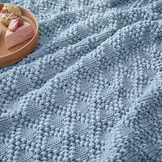 Knitted Weighted Blanket for Adult, Chunky Knit Weighted Throw for Sleep 60"*80" 10lbs, Cooling Breathable Machine Washable Heavy Blanket for Room Decor (HazeBlue, Queen)