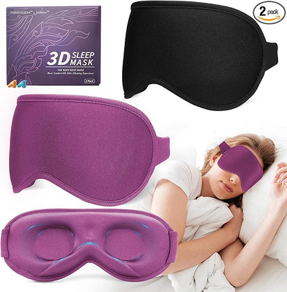 3D Sleep Mask for Men Women 2 Pack, Blackout Eye Mask for Sleeping Eye Mask for Side Sleeper, Memory Foam Adjustable&Washable, Airplane Travel Essentials Couples Yoga Meditation Office Black & Purple