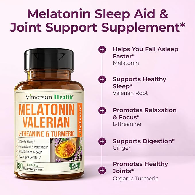 Melatonin 3mg Sleep Aid with L-Theanine & Valerian Root – Turmeric Curcumin Supplement with Ginger & Black Pepper – Organic Turmeric Supplement for Sleep, Calm and Stress Relief Support – 180 Capsules