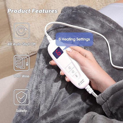 Tefici Electric Heated Blanket Throw, Super Cozy Soft 2-Layer Flannel 50" x 60" Heated Throw with 6 Heating Levels & 4 Hours Auto Off, Machine Washable, ETL&FCC Certified, Home Office Use,Grey