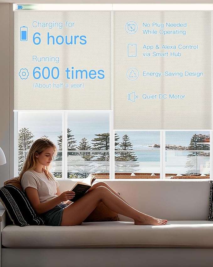 Motorized Solar Roller Shades with Remote Control, Light Filtering Smart Blinds for Windows Work with Alexa Google via Hub, Rechargeable Electric Shade Customized Size (Fireproof Beige)