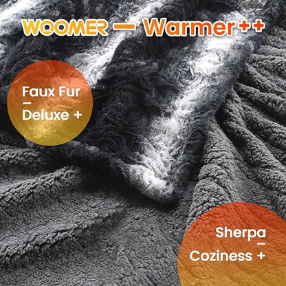WOOMER Heated Blanket Throw 50" x 60", Electric Blanket Throw with 4 Heating Levels & 4H Auto Off, ETL Certified, Black Grey Flowers Patterns Faux Fur & Sherpa, Machine Washable