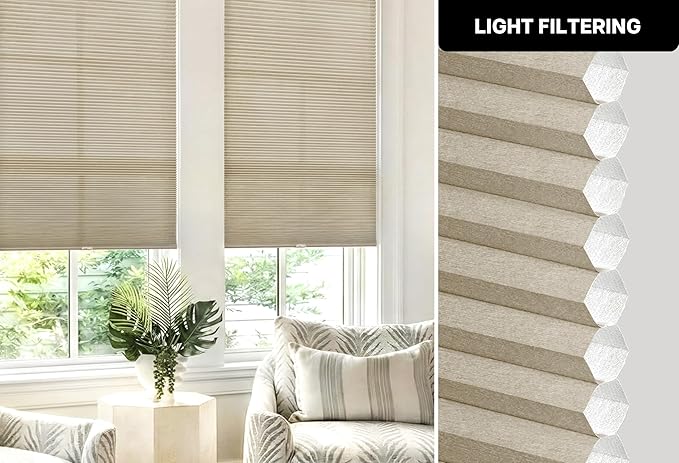 LazBlinds Cordless Cellular Shades, No Tools No Drill Light Filtering Honeycomb Shades Pleated Blinds for Windows, 25'' W x 48'' H, Taupe