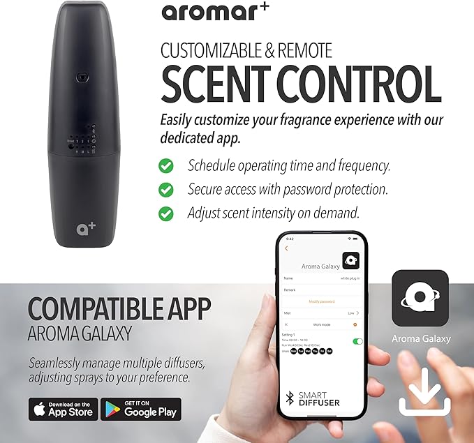 AROMAR Waterless Plug-in Aroma Diffuser - Cold-Air Essential Oil Machine, App-Controlled, Covers 500 Sq.Ft - 'New York' Scent Included - Perfect for Home, Office, & Business use - Black