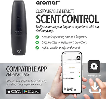 AROMAR Waterless Plug-in Aroma Diffuser - Cold-Air Essential Oil Machine, App-Controlled, Covers 500 Sq.Ft - 'New York' Scent Included - Perfect for Home, Office, & Business use - Black