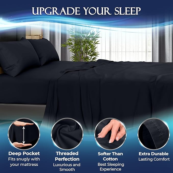 DECOLURE Cooling Bed Sheets King Set 4pcs - Luxurious & Ultra-Soft King Size Cooling Sheets for Hot Sleepers - Comfortable & Cool Bamboo Viscose Microfiber w/Deep Pockets (Midnight Black)