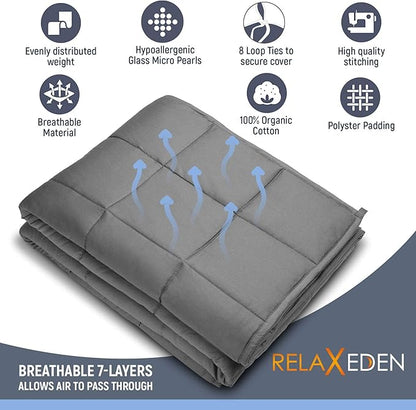 Adult Breatheable Cotton Weighted Blanket with Removable Navy Duvet Cover, 60 x 80 Inch, 15 Pounds, Made w/Polyester and Glass Beads, Grey