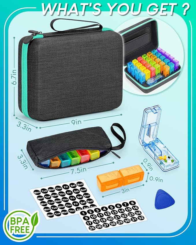 Monthly Pill Organizer 3 Times a Day, with Portable Hard Shell, Pill Cutter, 31-Day Box, Plastic Opening Pick, Monthly & Weekly Stickers, Convenient Medication Management (Black, 2 Times a Day)