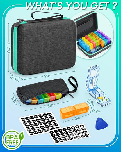 Monthly Pill Organizer 3 Times a Day, with Portable Hard Shell, Pill Cutter, 31-Day Box, Plastic Opening Pick, Monthly & Weekly Stickers, Convenient Medication Management (Black, 2 Times a Day)