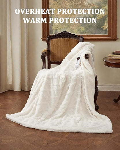 CAROMIO Heated Throw Blanket - Thick Tufted Sherpa Electric Blanket Throw with 10 Heating Levels and 10 Time Settings, ETL Certified Machine Washable Fast Heating Blanket Throw 50"×60", Off White