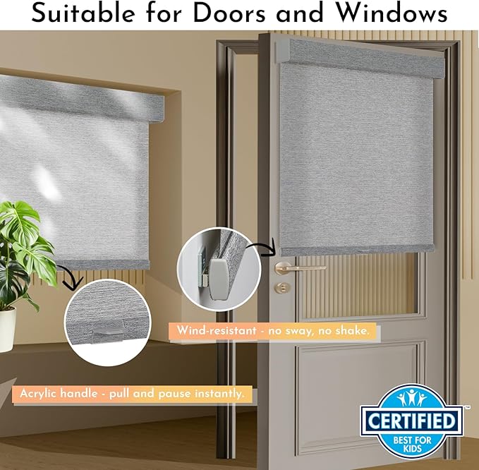Persilux Light Filtering Roller Shades for Window Blinds,Cordless,Linen Fabric,Thermal Insulated Fabric UV Protection Shades for Home,Office,Bedroom,Door,Light Filtering-Grey,34 1/2" W X 64" H