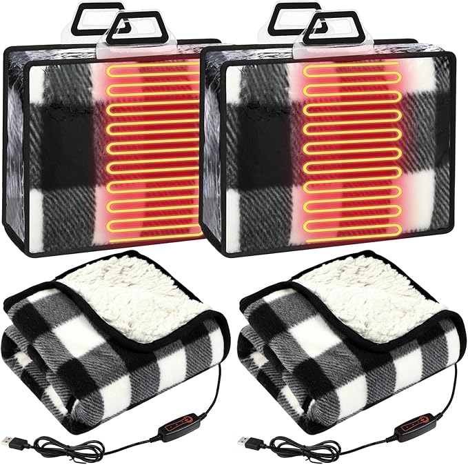 Tuanse 2 Pcs USB Heated Blanket 25"x35" Small Portable 5v 3 Setting Electric Blanket with Timer and Temperature Controller Winter Wearable Recharge Throw for Travel Home(Single Black and White Plaid)