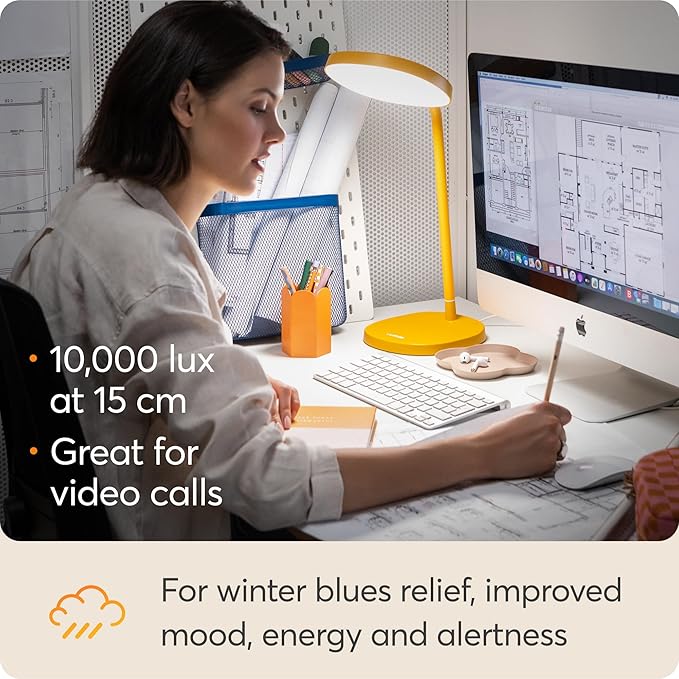 Lumie Task - 10,000 Lux Adjustable Bright Light Therapy Desk Lamp for Mood and Energy Boost and Winter Blues Relief, Crystal Clear Illumination and Maximum Visual Comfort - Golden Yellow