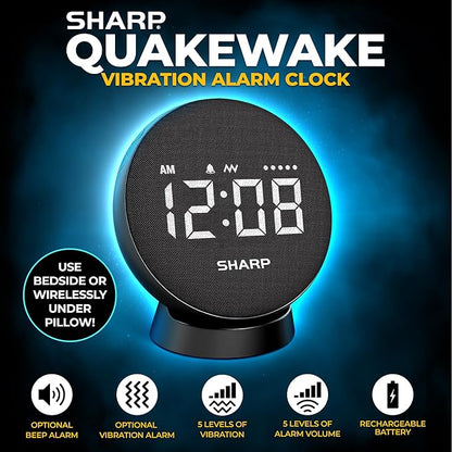 Sharp Vibrating Alarm Clock for Heavy Sleepers – Super Loud Bed Shaker Under Pillow, 29-Hr Rechargeable Battery, 3 Modes, 5 Vibration & 5 Volume Levels, 6-Step Dimmer, Cordless Travel Alarm