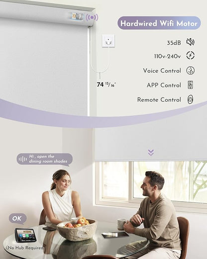 Graywind Motorized Shades 100% Blackout Compatible with Alexa Google WiFi Hardwired Smart Roller Shade Remote Control Automated Window Blinds with Valance, Customized Size (Bright White)