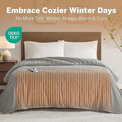 Serta Electric Blanket, Soft, Ribbed, Plush Heating Blanket Twin for Office, Couch, 1-12 hr Auto Shut Off Timer, 10 Lv Heating, ETL Certified, Twin 62"x84" Mineral Grey