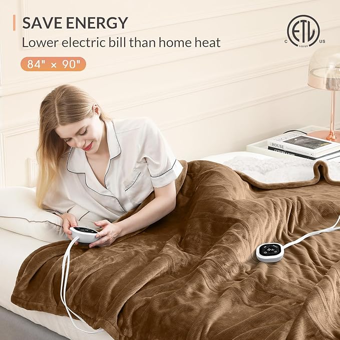 HOMLYNS LuxeHeat Heated Blanket Electric Blanket Queen Size, Soft Flannel Sherpa Heating Blanket with 10 Heat Settings, 1-10 hrs Timer Auto Shut Off (84x90 inches, Coffee)