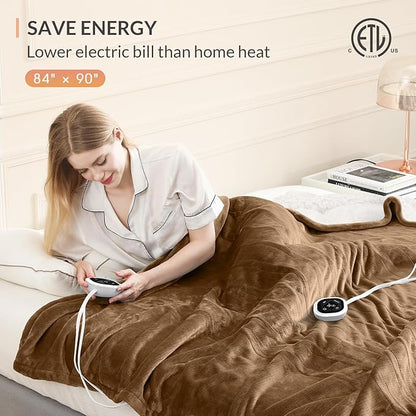 HOMLYNS LuxeHeat Heated Blanket Electric Blanket Queen Size, Soft Flannel Sherpa Heating Blanket with 10 Heat Settings, 1-10 hrs Timer Auto Shut Off (84x90 inches, Coffee)