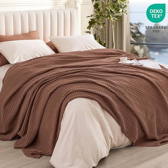PHF Cooling Waffle Blanket King Size, Lightweight 60% Rayon Derived from Bamboo & 40% Cotton Breathable Blanket for Hot Sleepers, Soft and Luxury for Bed Couch and Sofa, 104"x90", Terracotta