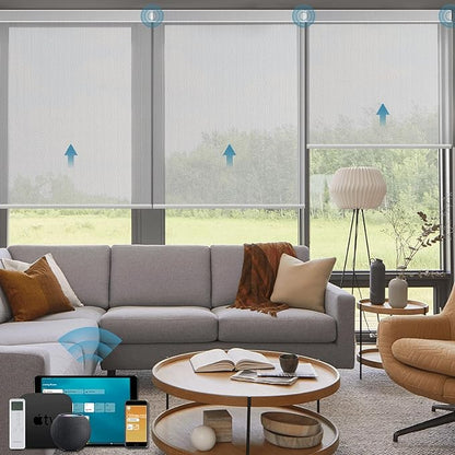Motorized Blinds Compatible with Alexa,Google Asssitant,Homekit Over Thead,5% Openness Solar Shades for Window, Smart Shades with Remote, APP/Voice Control,Custom Size,Aventus White Grey