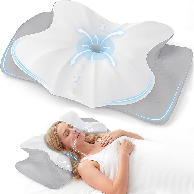 Cervical Pillow for Neck and Shoulder Support, Ergonomic Contour Pillow for Pain Relief, 2 Heights Cooling Memory Foam Orthopedic Pillow for Side Back Stomach Sleepers White Grey