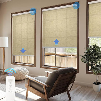 Motorized Blinds with Remote Cordless Automatic Motorized Shades Custom Blinds for Windows Smart Curtains Compatible with Alexa Google Home(Light Filtering Linen Soft Dunes,W56 x H72in)