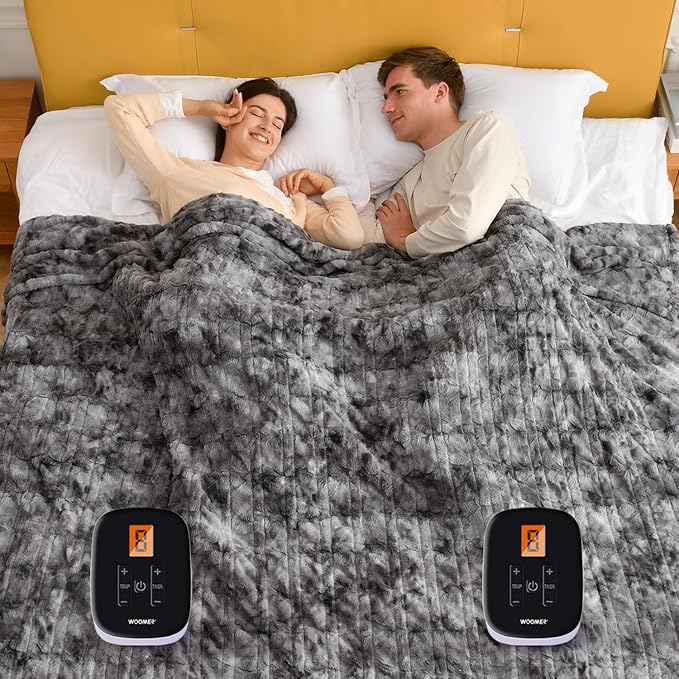 WOOMER Heated Blanket Queen Size 84" x 90", Electric Blanket with 0.5-12 Hours Timer & 10 Heating Levels, ETL Certified, Marble Gray Double-Sided Faux Fur, Machine Washable