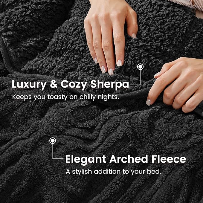 Sherpa Fleece Adult Weighted Blanket Great for Sleep, 15 lbs Dual Sided Soft Fuzzy Heavy Blankets for Couch Bed Sofa, Cozy Warm Fluffy Arched Jacquard Throw for Winter (Black, 60" x 80", 15 Pounds)