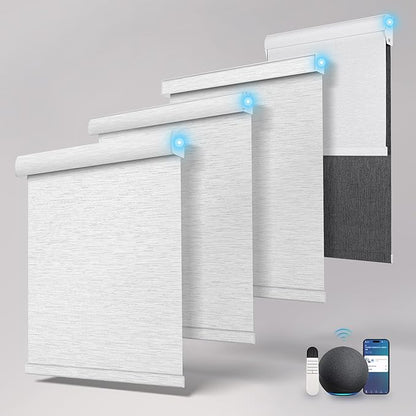 Motorized Blinds with Remote,Blackout Smart Roller Shades with App,Voice Control,Jacquard Fabric,Thermal Insulated Automatic Blinds,Electric Shades with USB/Solar Pannel.Maze White