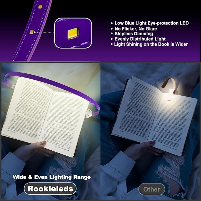 Rechargeable Book Light for Reading, 12 LED Eye-Care Reading Light, 4 Color Temperatures, Stepless Dimming, No Flicker, Evenly Distributed Lighting for Books, Perfect for Reader (Purple)