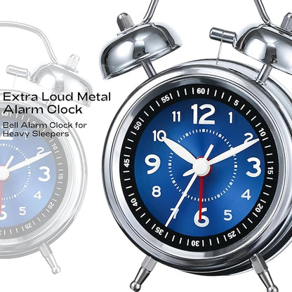 AKCISOT Loud Alarm Clock for Heavy Deep Sleepers,3 Inches Analog Metal Twin Bell Clocks Battery Operated with Backlight for Bedroom Bseide, Old Fashioned for Desk Home Decoration (Blue)