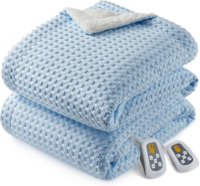 CAROMIO Heated Blanket Queen Size with LCD Dual Controller, Waffle Weave Fast Heating Electric Blankets, 10 Heat Levels & 1-12H Time Settings, ETL Certified, Machine Washable, Light Blue, 84" x 90"