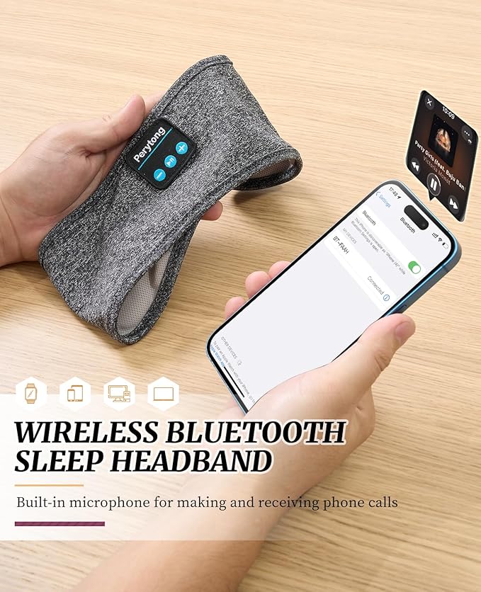 Perytong Sleep Headphones Wireless, Bluetooth Sports Headband Headphones with Ultra-Thin HD Stereo Speakers Perfect for Sleeping,Workout,Jogging,Yoga,Insomnia, Air Travel, Meditation (Grey)