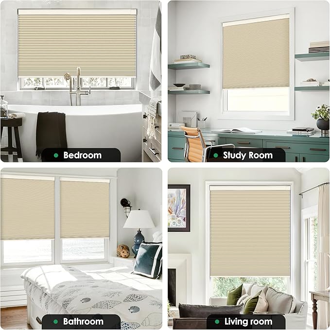 LazBlinds No Tools No Drill Cordless Cellular Shades, Blackout Light Blocking Honeycomb Shades for Home, Thermal Insulation Blinds for Windows, 22" W x 64" H, Beige