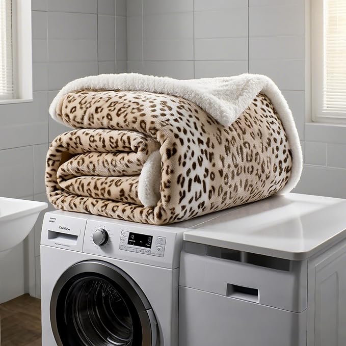 Electric Heated Blanket Throw Size 50"x60" - Microplush & Sherpa Fabric Dual-Sided, 9 Heat Settings & 3 Hours Auto Off, Cozy Warming Throw for Office or Bed, Machine Washable, Beige Leopard Print